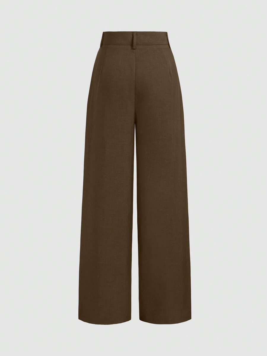 Vela Rue Minimalist Design Hook & Eye Closure Lightweight Slightly Sheer Navy Blue Solid Color Suit Pants With Zipper Hook & Eye Wide Leg Slimming Brown - Brown - View 2